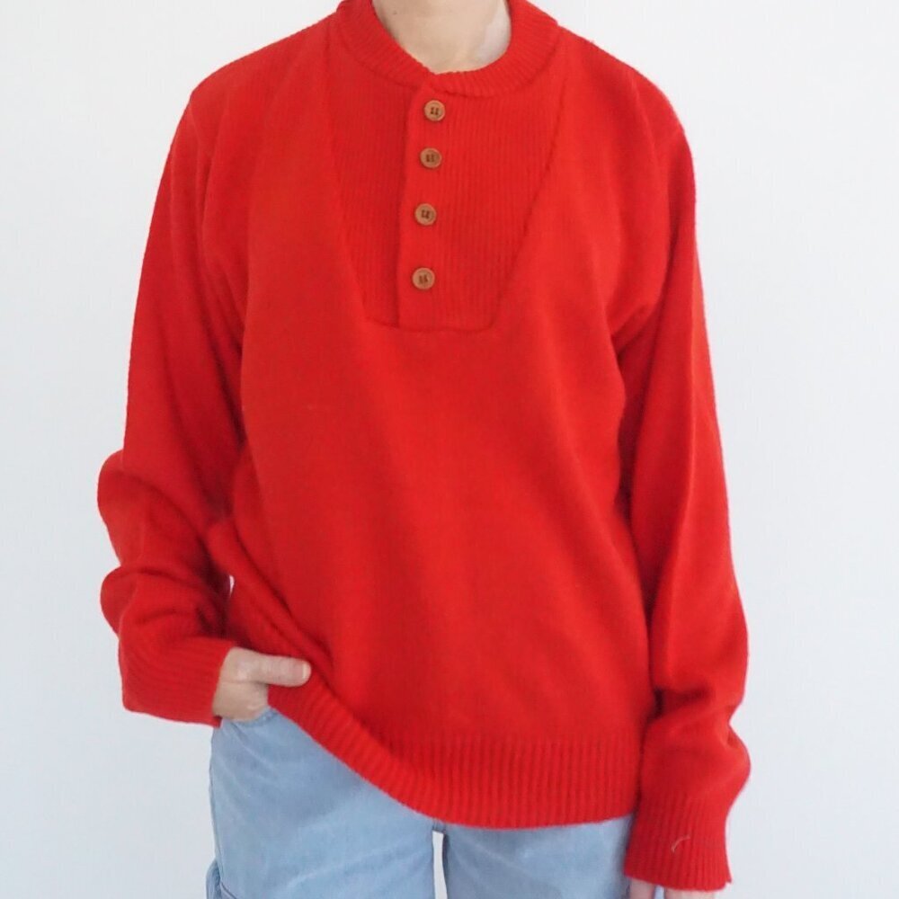 Vintage Willow Bay Red Button Henley Cotton Knit Sweater Minimalist Preppy L